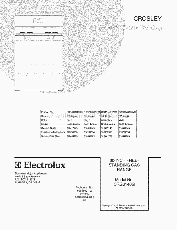 Crosley CRG3140GWWB Freestanding, Gas Gas Range Page F Diagram