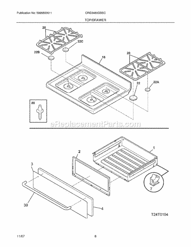 Crosley CRG3480GSSC Freestanding, Gas Gas Range Top / Drawer Diagram