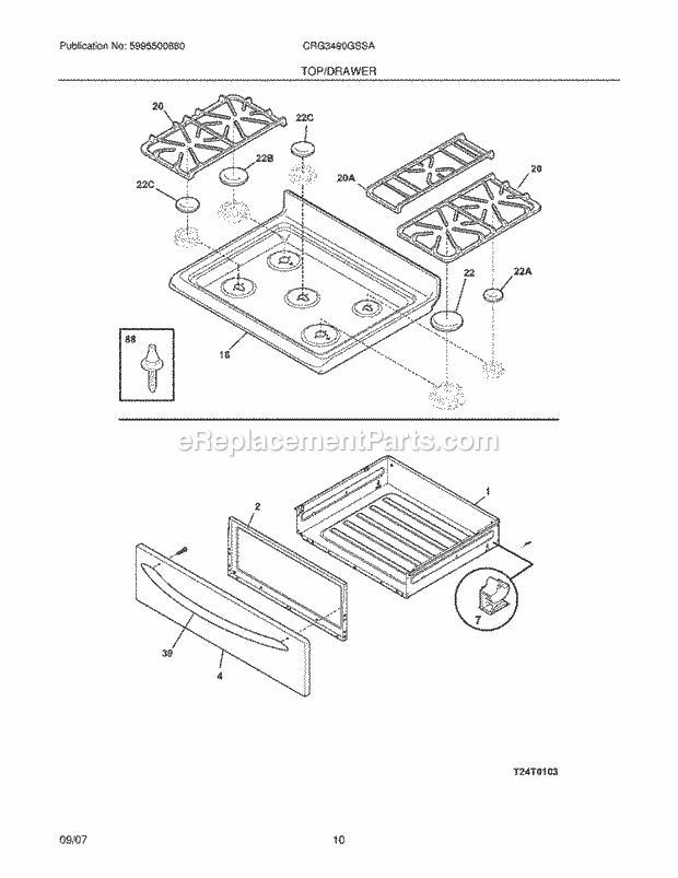 Crosley CRG3490GSSA Freestanding, Gas Gas Range Top / Drawer Diagram