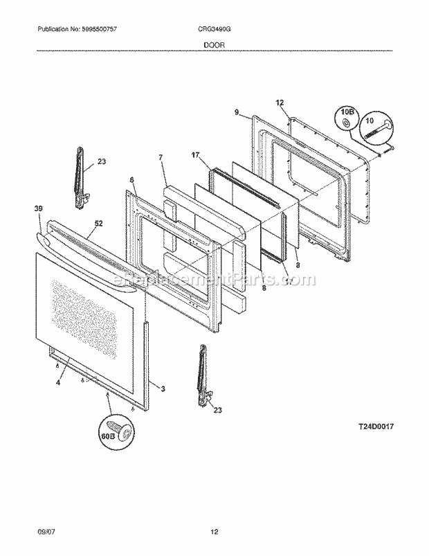 Crosley CRG3490GWWA Freestanding, Gas Gas Range Door Diagram