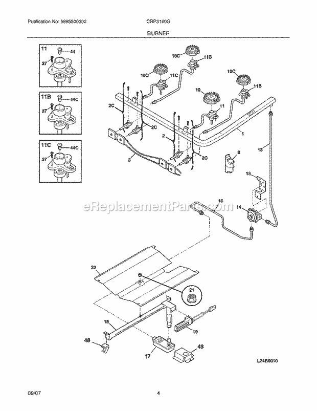 Crosley CRP3160GWWA Freestanding, Gas Gas Range Burner Diagram