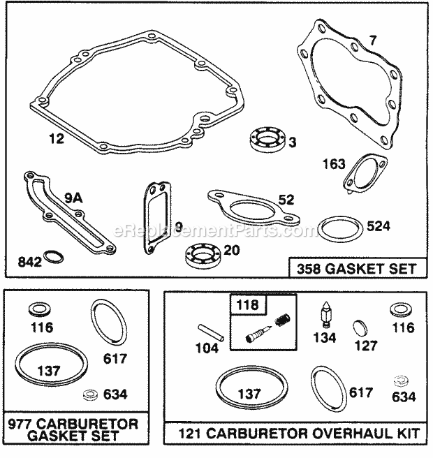 Cub Cadet 098R112 (112-098R100) (1992) Engine B&s 5 Hp Gasket Set, Carb. Gasket Set and Carb. Overhaul Kit Diagram