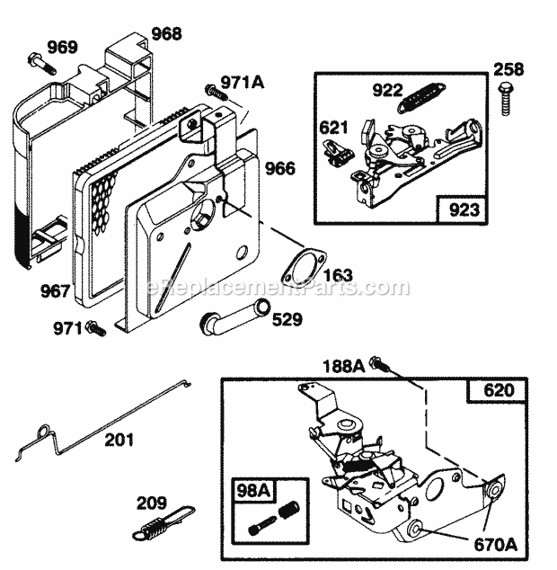 Cub Cadet 108C113 (113-108C100) (1993) Engine B&s 5 Hp Carburetor Control Bracket, Brake, and Air Cleaner Assembly Diagram