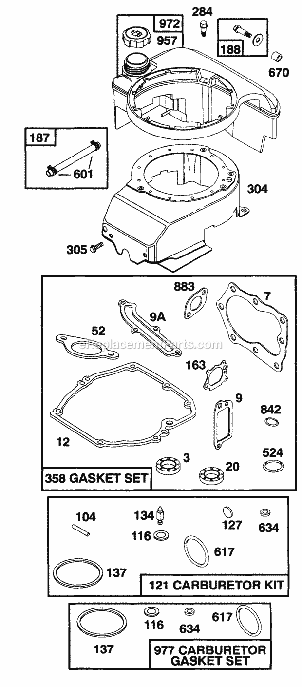 Cub Cadet 108R (116-108C100) (1996) Engine Fuel Assembly, Blower Housing, Gasket Sets, Carburetor Kit Diagram