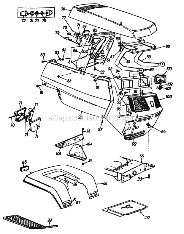 Cub Cadet 13A1674G401 (1997) Riding Mower Hood Assembly, Grille & Fender Diagram