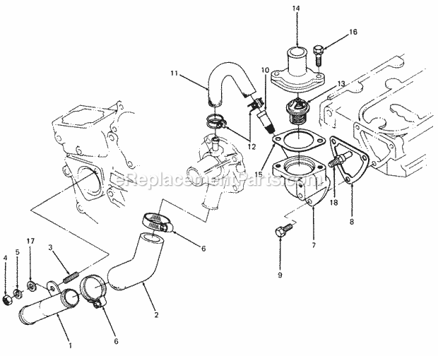 Cub Cadet 1782 (800000-821059, 140-712-100, 141-712-100) Super Garden Tractor Water Pump Hoses & Thermostat Diagram