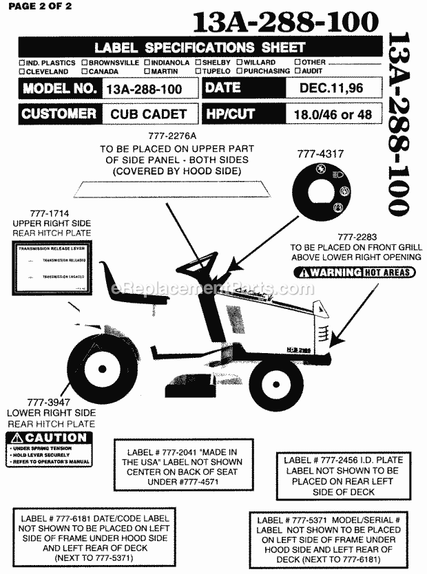 Cub Cadet 2185 (326006-389000, 13A-288-100, 136-288-100) Tractor & 1I017G - 1I310G Labels (Cont.) Diagram