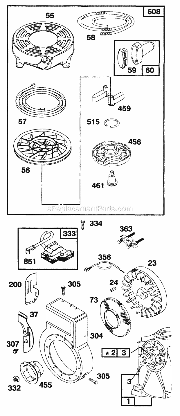 Cub Cadet 340 (215-340-100) (1995) Engine Rewind Starter and Flywheel Assemblies Diagram