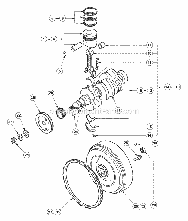 Cub Cadet 7530 (54AF45F-710, 54AH45F-710, 54AN45F-710) Tractor Crankshaft, Piston & Flywheel Diagram