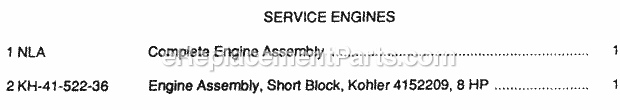 Cub Cadet 800 (2050050U, 2050510U, 2050520U) Garden Tractor Service Engines Diagram