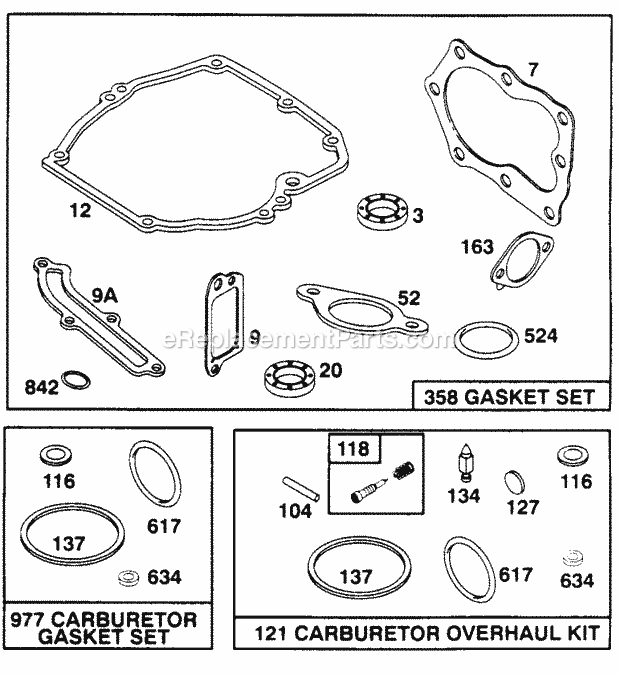 Cub Cadet 838R122 (122-838R100) (1992) Engine B&s 5 Hp Carburetor Overhaul Kit & Gasket Sets Diagram