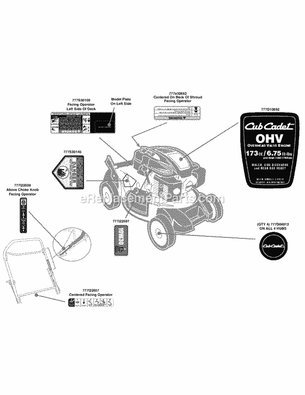 Cub Cadet CC500 (11A-18MC010, 11A-18MC056) (2007) 11A-18MC Push Walk Behind Mower Label Map Diagram