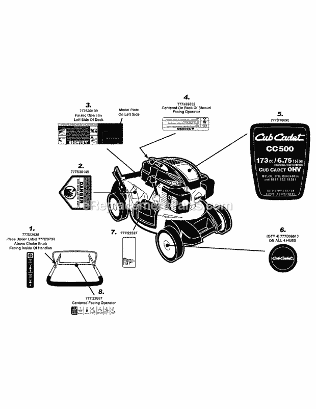 Cub Cadet CC500 (11A-18MC010, 11A-18MC056) (2008) 11A-18MC Push Walk Behind Mower Label Map Diagram