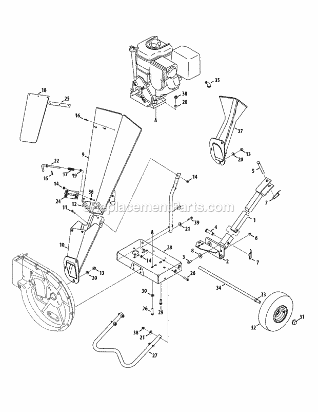 Cub Cadet CS3310 (24A-424M710, 24A-424M709) (2013) 24A-424M Chipper Shredder & Vac Chute & Wheels Diagram