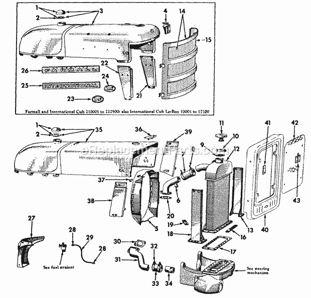 Cub Cadet International Cub Tractor (224705 & Above) Farmall, Cub & Ih Cub Lo Boy Hood and Fuel Tank, Support, Radiator, Grille and Connections Diagram