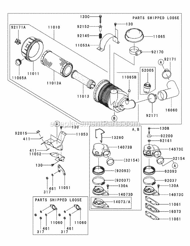 Cub Cadet M60-KW (53AJ8CT6050) Lc Tank 29HP Kawasaki L.C. Dfi V-Twin Fd791d-Cs05 Air Filter & Muffler Diagram