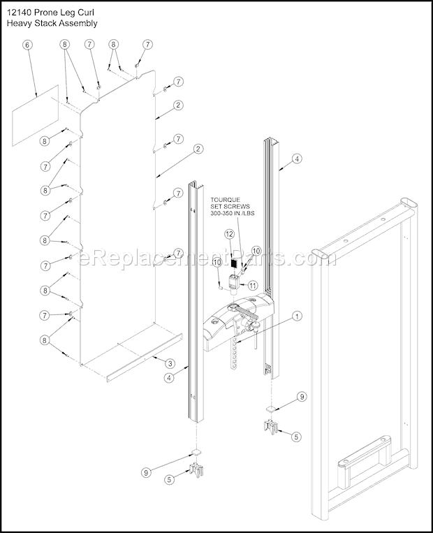 Cybex 12142 VR3 Prone Leg Curl Heavy Stack Assembly Diagram