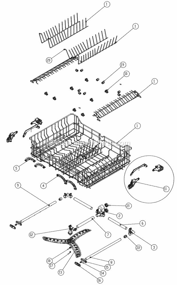 Dacor IDW30 Dishwasher Upper Rack Assembly Diagram