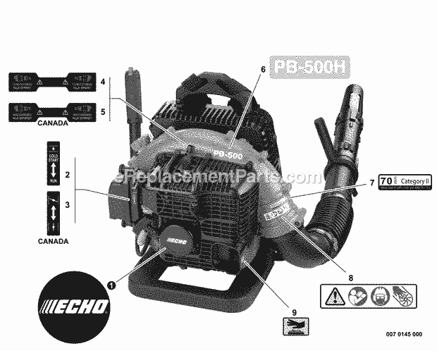 Echo PB-500H (P02311001001 - P02311999999) Backpack Blower Labels Diagram