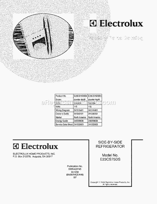 Electrolux E23CS75DSS3 Side-By-Side Refrigerator Page C Diagram