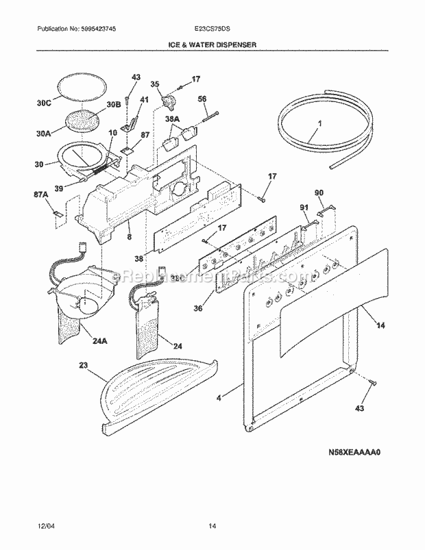 Electrolux E23CS75DSS3 Side-By-Side Refrigerator Ice & Water Dispenser Diagram