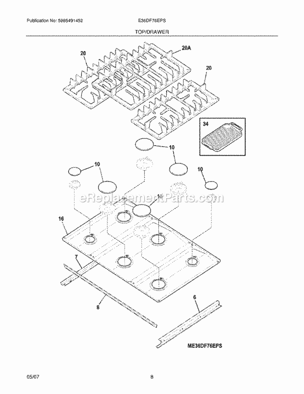 Electrolux E36DF76EPS Electric Gas Combo Dual Fuel Range Maintop Diagram