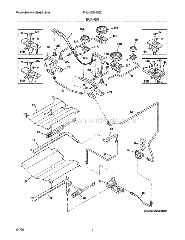 Electrolux EW30GS65GS2 Slide-In, Gas Gas Range Burner Diagram