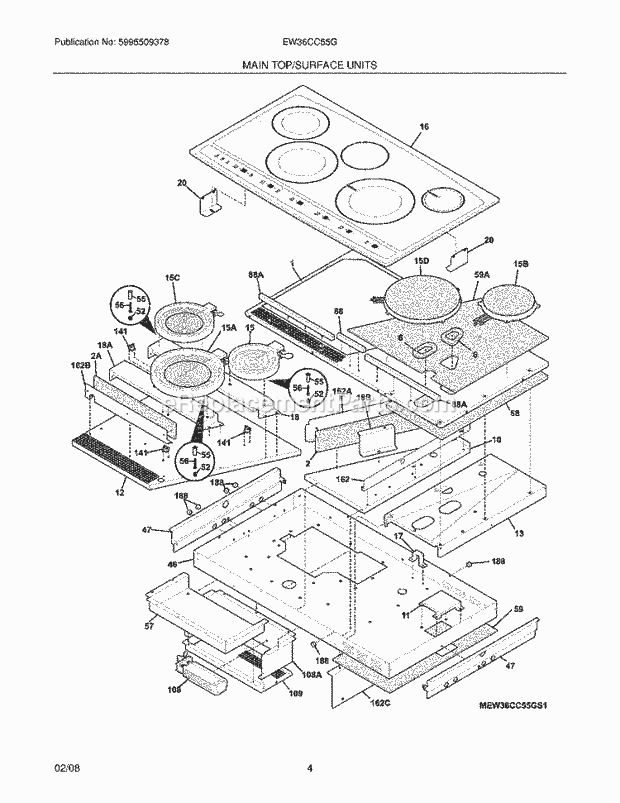 Electrolux EW36CC55GS1 Electric Cooktop Main Top / Surface Units Diagram