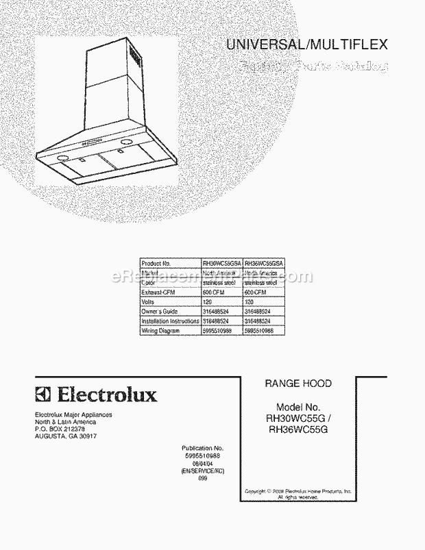 Electrolux RH30WC55GSA Range Hood Page B Diagram