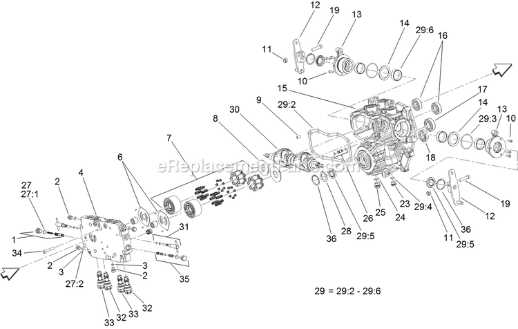 eXmark LZS80TDYM604W0 (402082300-404314158)(2018) Lazer Z S-Series Diesel Transmission Assembly Center Section Assembly Diagram