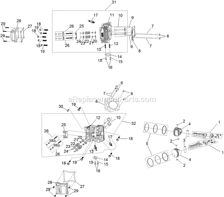 eXmark QZS708GEM60200 (404314159-406294344)(2019) Quest Drive Levers Piston And Cylinder Head Assembly Diagram