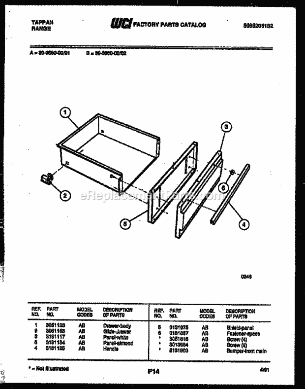 Frigidaire 30-3860-23-01 Tap(V2) / Gas Range Drawer Parts Diagram
