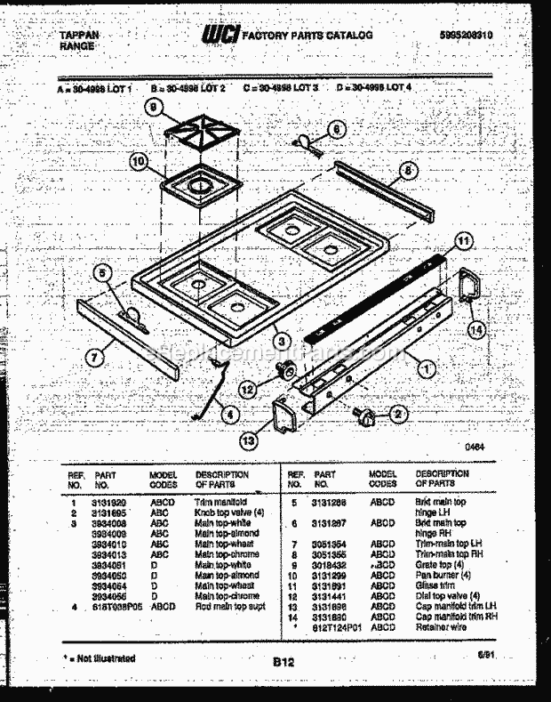 Frigidaire 30-4998-32-03 Tap(V12) / Gas Range Cooktop Parts Diagram