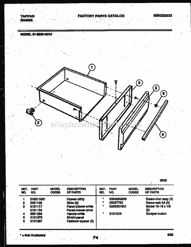 Frigidaire 31-2232-23-01 Tap(V2) / Electric Range Drawer Parts Diagram