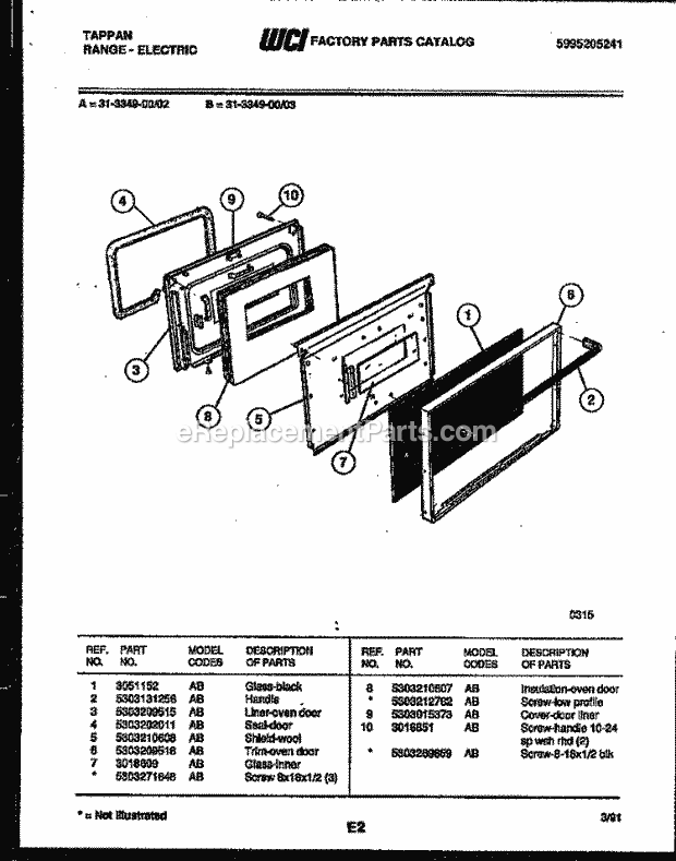 Frigidaire 31-3349-23-02 Tap(V2) / Electric Range Door Parts Diagram