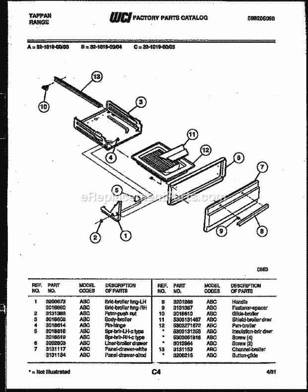 Frigidaire 32-1019-23-03 Tap(V2) / Gas Range Broiler Drawer Parts Diagram