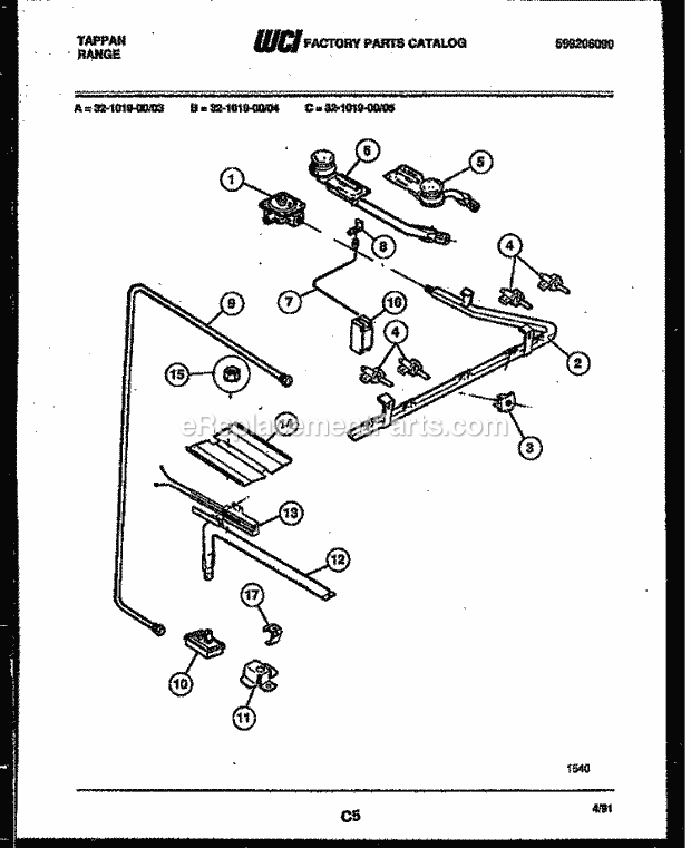Frigidaire 32-1019-23-03 Tap(V2) / Gas Range Burner, Manifold and Gas Control Diagram