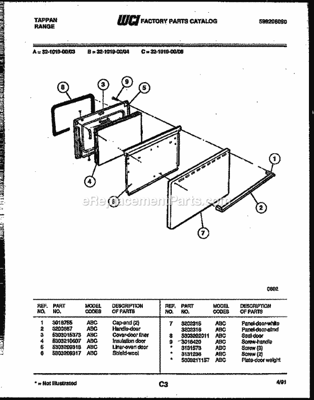 Frigidaire 32-1019-23-03 Tap(V2) / Gas Range Door Parts Diagram