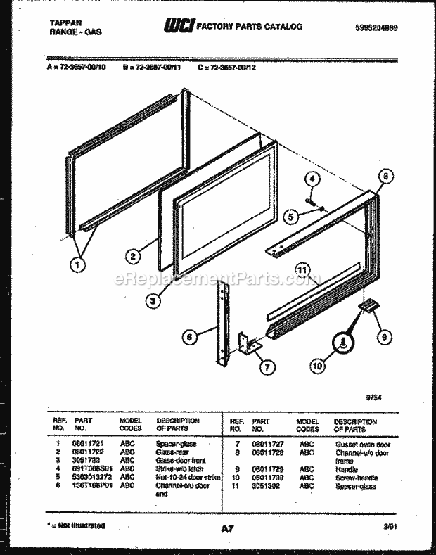 Frigidaire 72-3657-23-11 Tap(V5) / Gas Range Upper Oven Door Parts Diagram