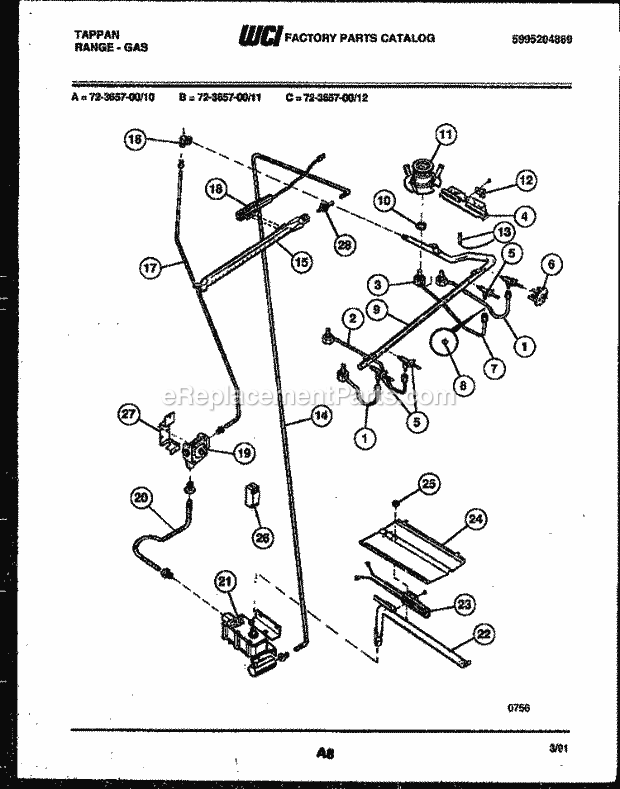 Frigidaire 72-3657-23-12 Tap(V8) / Gas Range Burner, Manifold and Gas Control Diagram