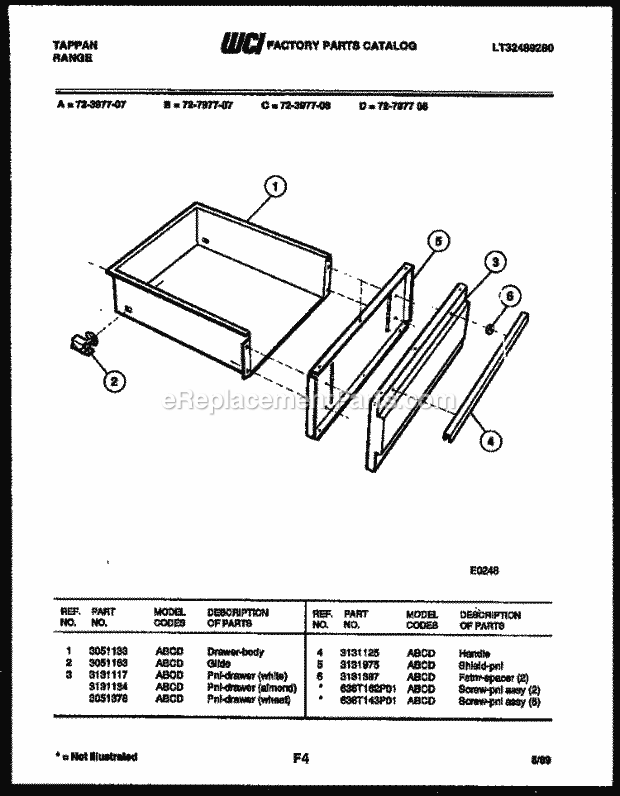 Frigidaire 72-3977-23-08 Tap(V8) / Gas Range Drawer Parts Diagram