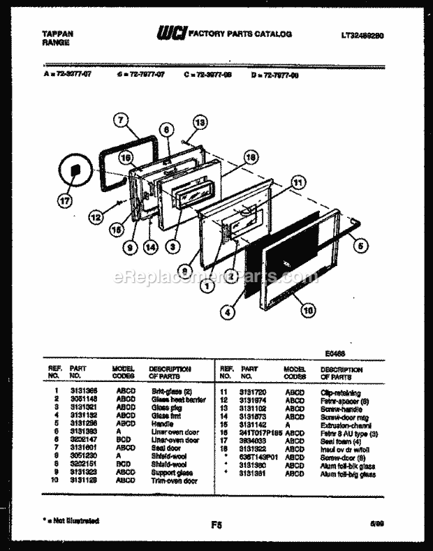Frigidaire 72-3977-23-08 Tap(V8) / Gas Range Lower Oven Door Parts Diagram