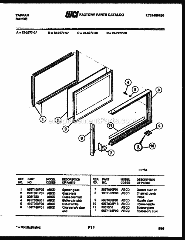 Frigidaire 72-3977-23-08 Tap(V8) / Gas Range Upper Oven Door Parts Diagram