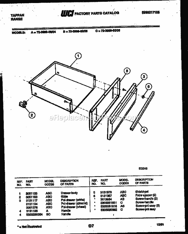 Frigidaire 72-3989-23-05 Tap(V5) / Gas Range Drawer Parts Diagram