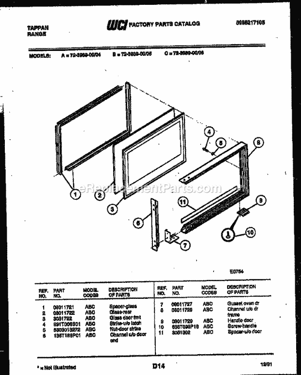Frigidaire 72-3989-23-05 Tap(V5) / Gas Range Upper Oven Door Parts Diagram