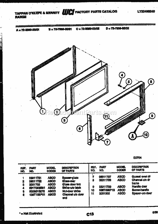 Frigidaire 72-3989-66-01 Tap(V3) / Gas Range Upper Oven Door Parts Diagram