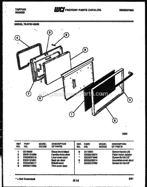 Frigidaire 73-3757-66-09 Tap(V3) / Electric Range Lower Oven Door Parts Diagram