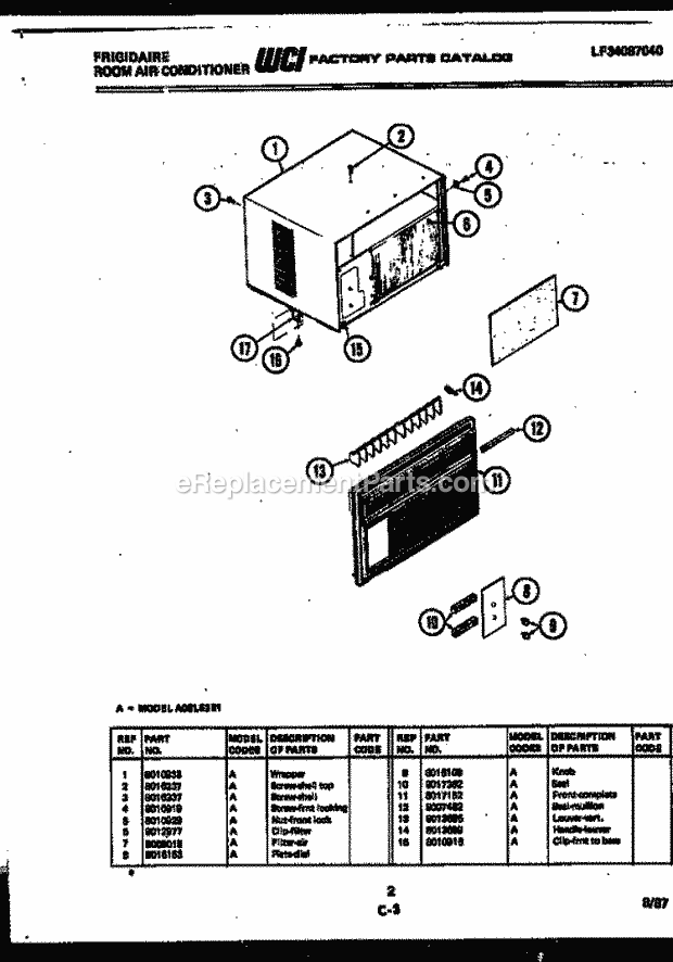 Frigidaire A06LE3E1 Room Air Conditioner Cabinet Parts Diagram