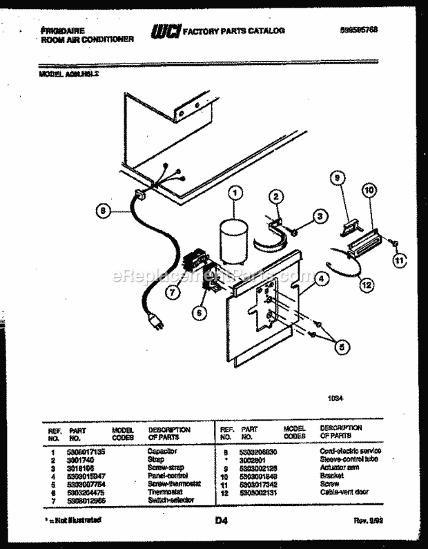 Frigidaire A08LH5L2 Room Air Conditioner Electrical Parts Diagram