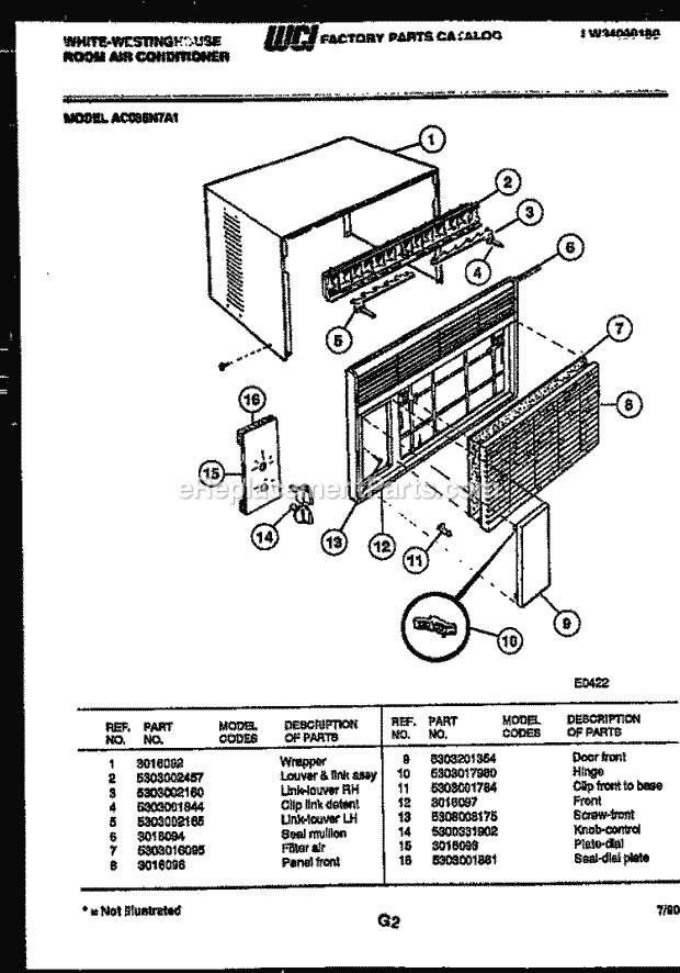 Frigidaire AC086N7A1 Wwh(V1) / Room Air Conditioner Cabinet Parts Diagram